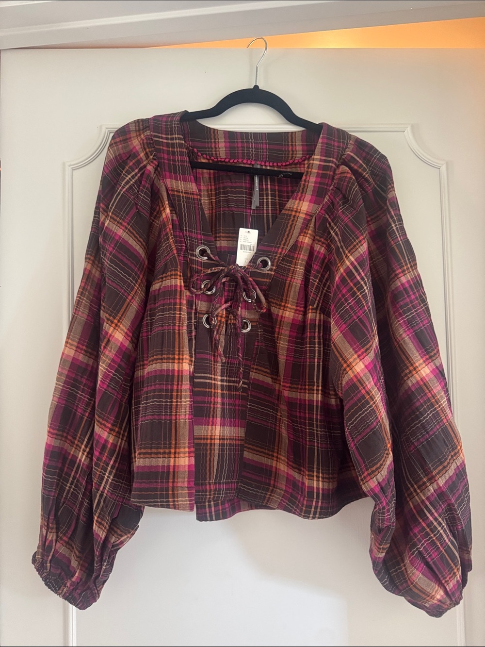 Anthropologie Burgundy and Pink Plaid Lace-Up Peasant Blouse